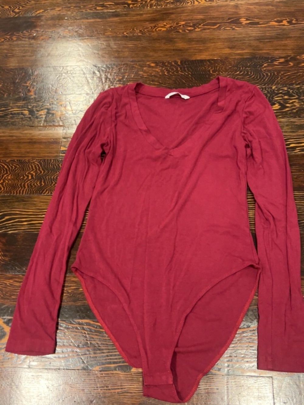 Deep Red Long-Sleeve V-Neck Bodysuit